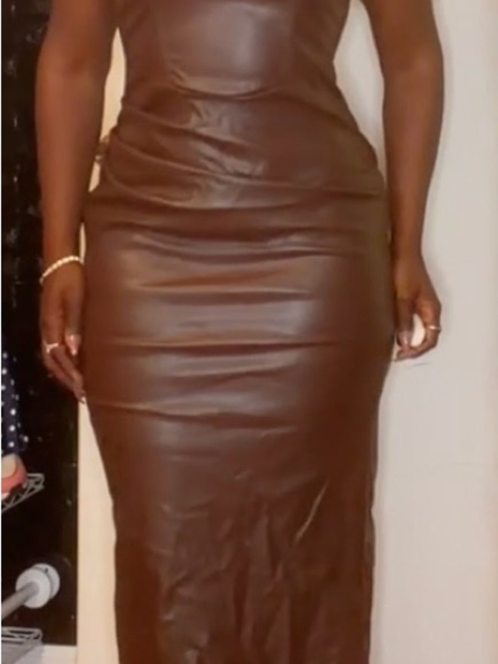 Sleek Brown Midi Dress - Faux Leather Bodycon